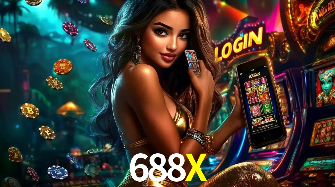 Mulher em um cenário de cassino temático de aventura, mostrando o app de caça-níqueis da 688X no celular. Fichas de apostas flutuam ao redor.